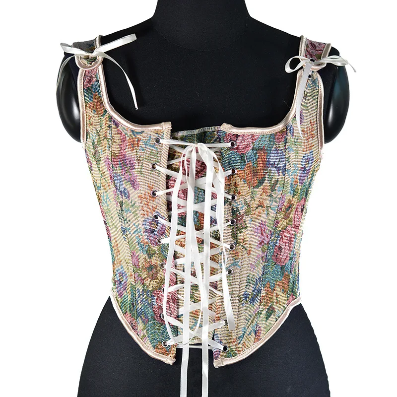 Vintage Lace-up Bustiers Women's Corset Tops Floral Pattern Tight Vest French Tank Top Waist Training Halter Camisole Bodyshaper