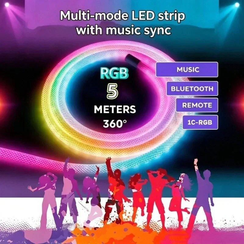 Neon LED Strip Lights RGB Addressable 360 Degree Flexible Nylon Mesh Round Remote Control for Bedroom Living Room Decor