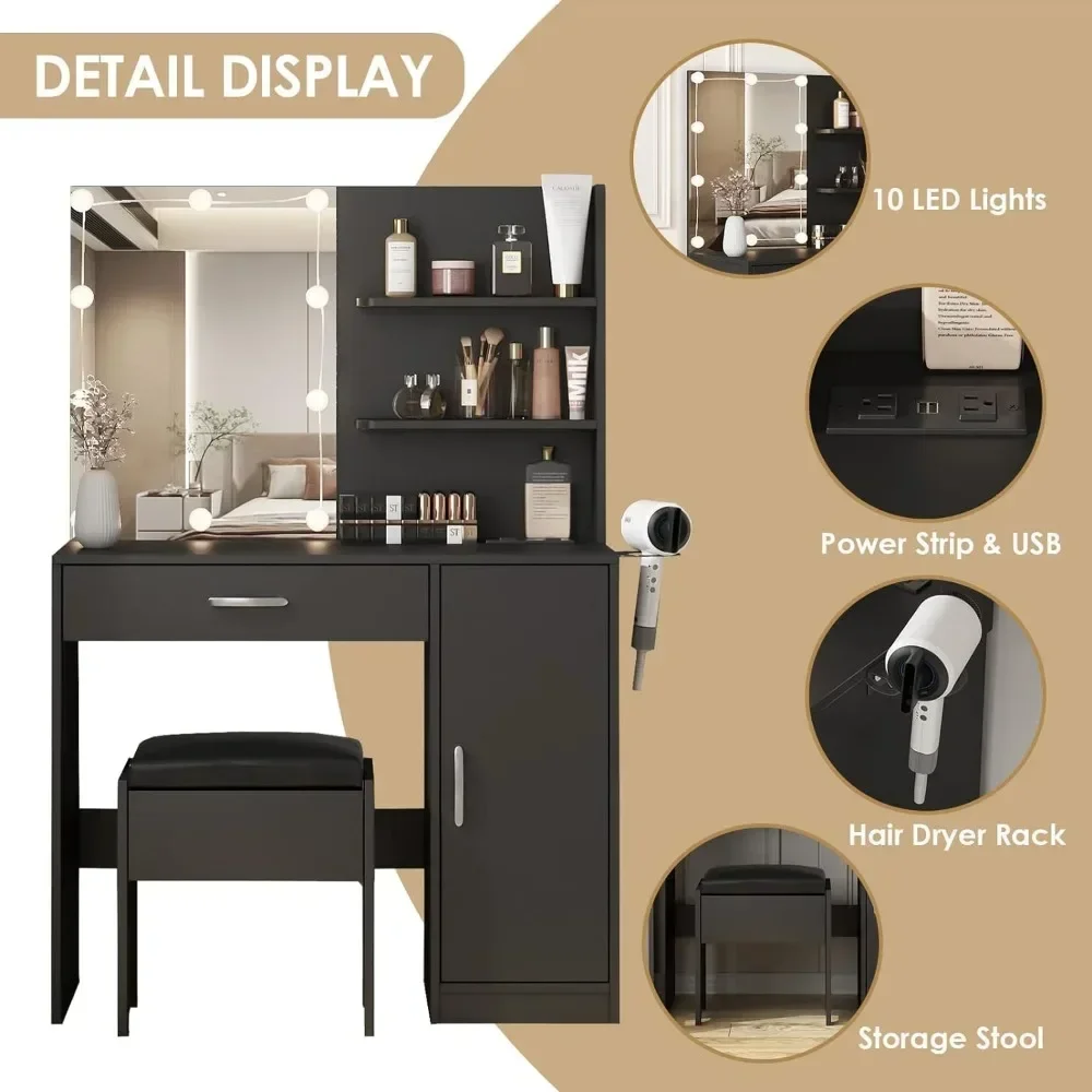 Drawer Table with Lighting Mirror & Power Strip Dressing Vanity Table with Lights 35in Makeup Vanity Desk