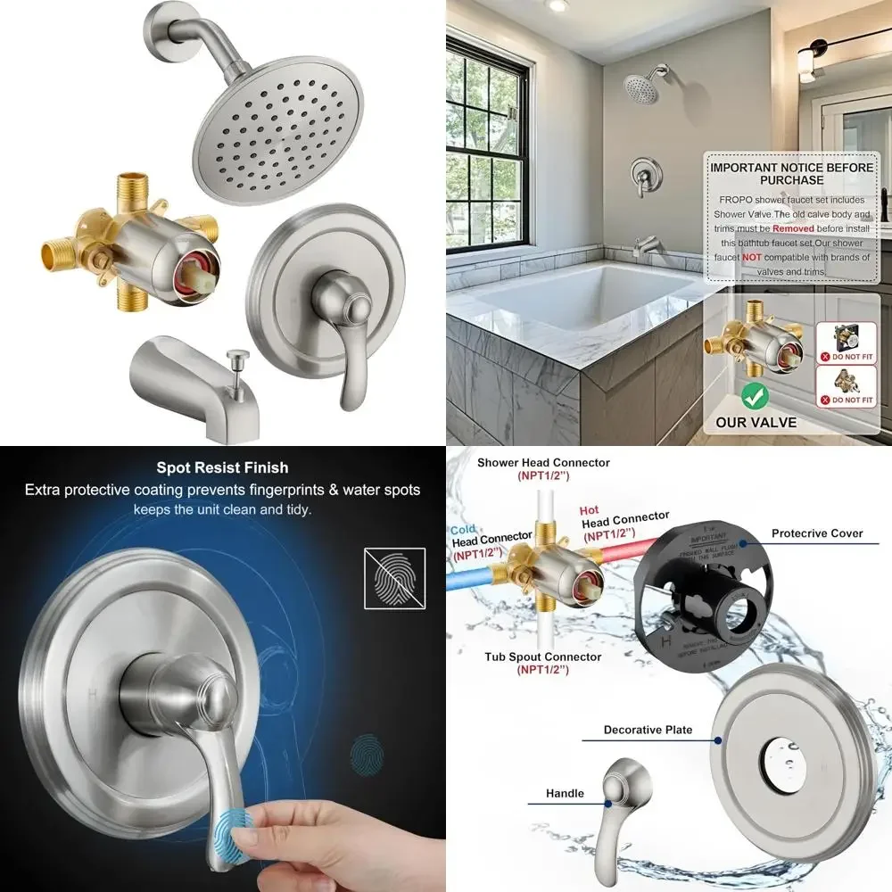 

Single-Handle Brushed Nickel Tub Shower Faucet Set with 6-Inch Shower Head and Valve, Contemporary Trim Kit for Bath Remodeling