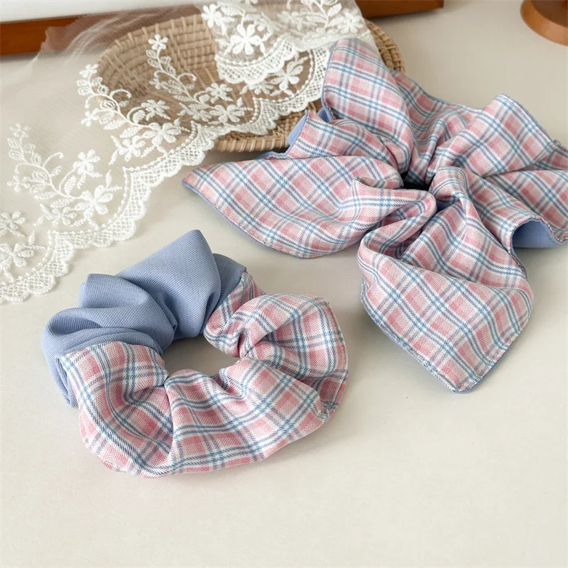 

Korean Style Fresh Blue and Pink Plaid Fabric Large Hair Ring for Women, High-End Hair Tie
