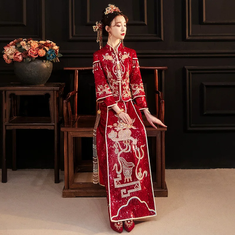 

Chinese Wedding Sparkly Beading Cheongsams Bride Toast Clothing Tang Suit Formal Traditional Red Sequins Qipao