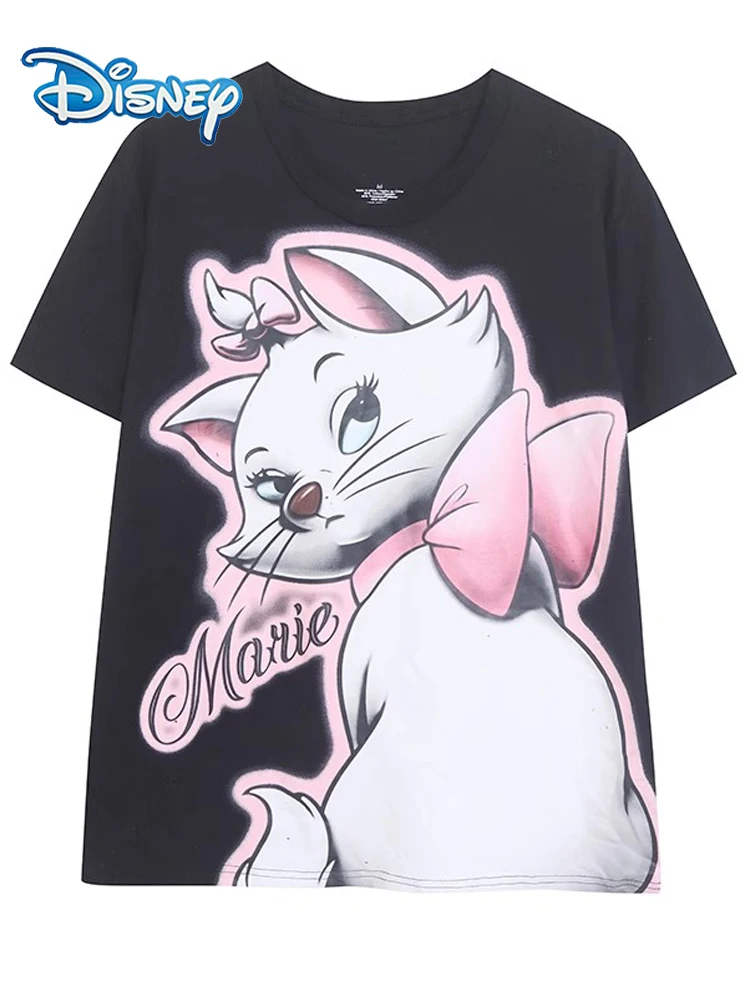 

Disney Marie Cat Bow Letter Cartoon Print Sweet Women Short Sleeve O-Neck Pullover New Cute Tee Tops Black Female Streetwear