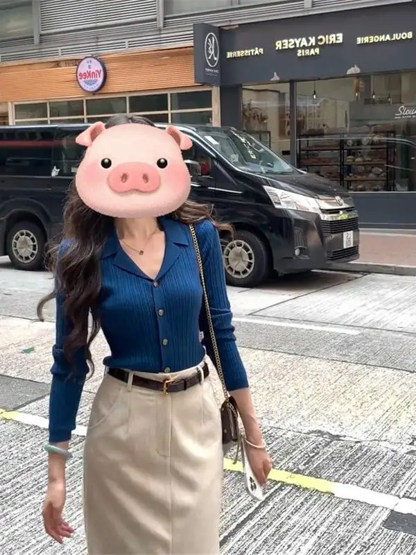 Faionable Blue Sister Set Women's Ele f-length Skirt And Top Ensemble Autumn Casual Sle Long Sve V-ne Button ...