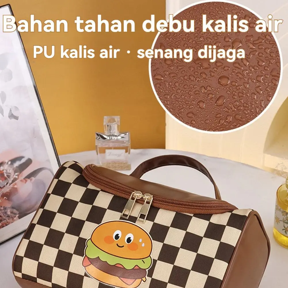 بو الجلود الشطرنج حقيبة ماكياج همبرغر الكرتون الرجعية رقعة الشطرنج حقيبة مستحضرات التجميل أدوات الزينة المنظم سعة كبيرة #3