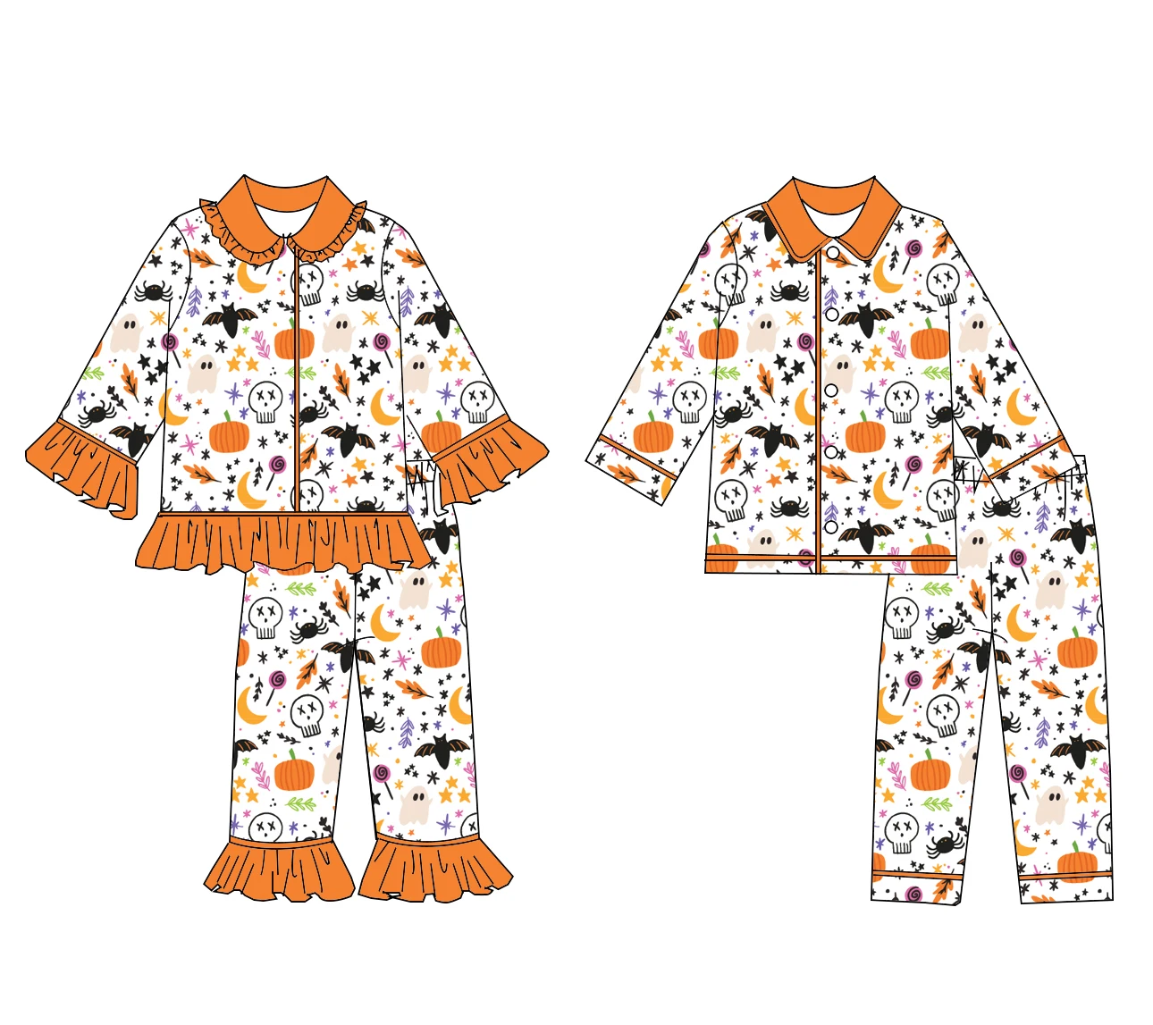 Halloween New Kids' Outfit Long Sleeve Series with Lapel Ruffle Buttons Pumpkin Ghost Print Custom Wholesale