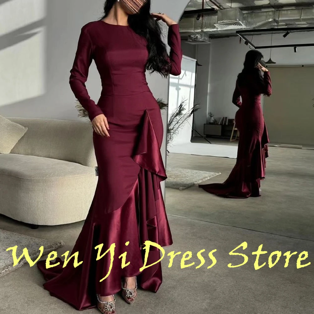 Elegant Burgundy Pleats Floor Length Crew neck Sweep Train Evening Dress Long Sleeves Straight Satin Special Occasion Gowns 2024