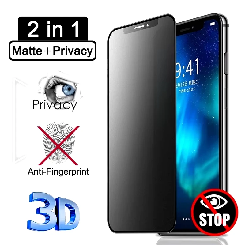 Privacy + Matte Tempered Glass for iPhone 11 12 13 14 15 16 Pro Max 6 7 8 Plus SE 2020 X XS XR Anti Spy Peeping Screen Protector