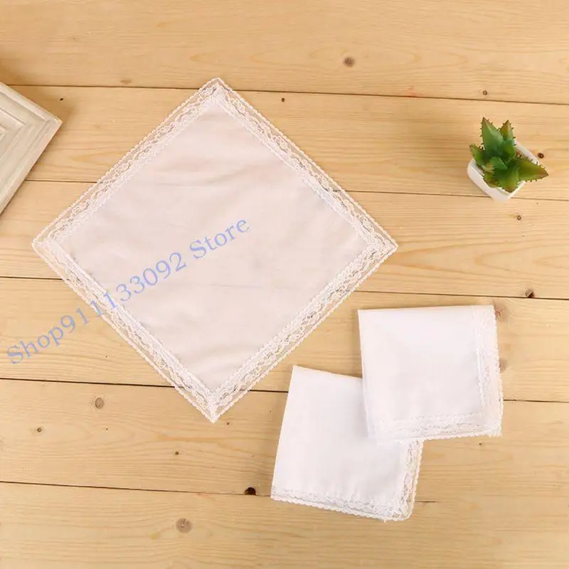 H9ED 25x25cmレディースプレーンホワイトフローラルレーストリムコットンハンカチーズブライダルウェディング