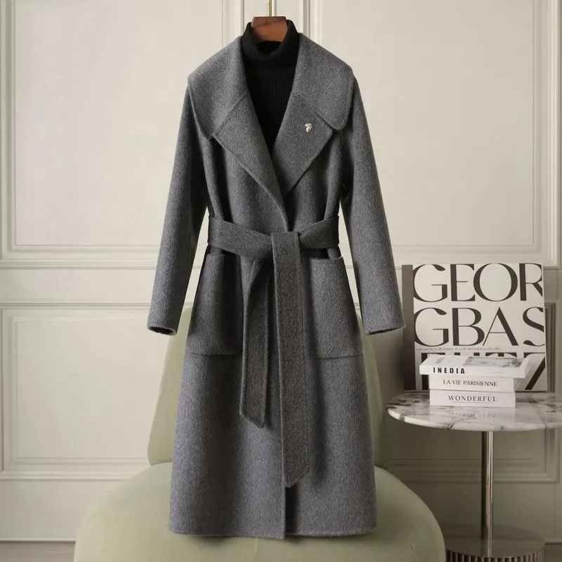 

Осень-зима, высококачественное двустороннее шерстяное пальто, женское длинное свободное повседневное корейское теплое шерстяное пальто на шнуровке, верхняя одежда для женщин