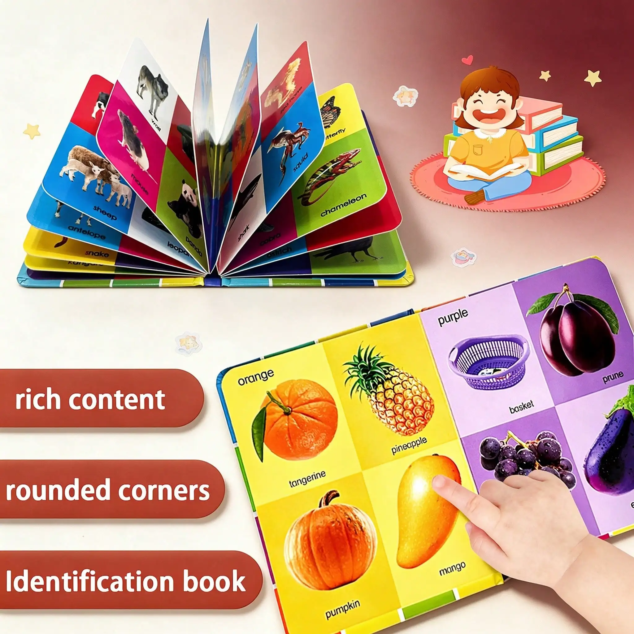 An English learning book featuring images and words for various fruits and vegetables; a sturdy, colorful educational tool.