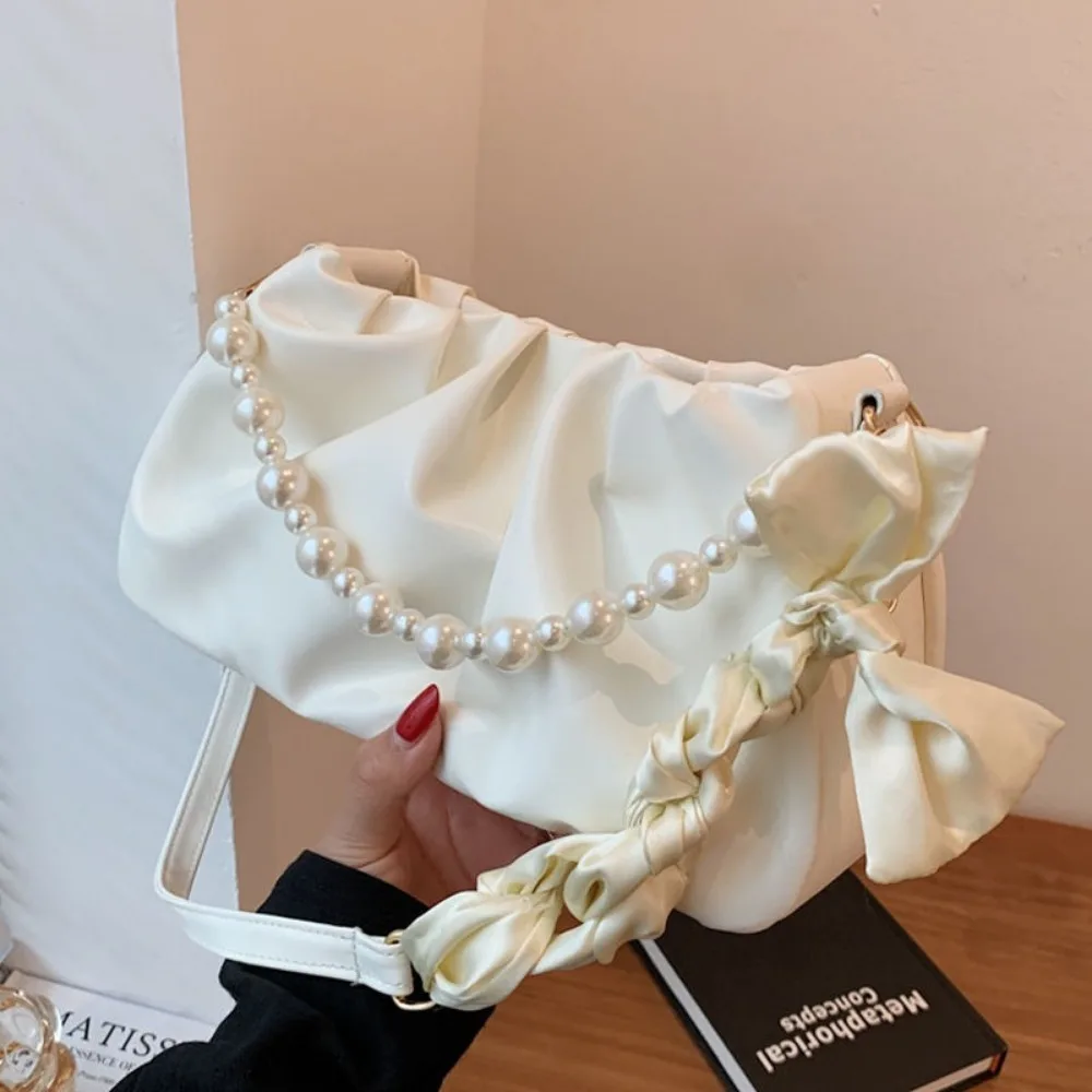 Luxury Pleated Shoulder Bag PU Leather with Pearl Cloud Underarm Bags Small Handbags Crossbody Bag