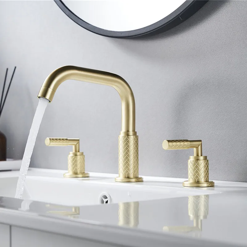 

Brushed Gold Brass Widespread Bathroom Sink Faucet Double Handles Single Spout Mixer Tap Lavatory Cold Hot Water Crane Tap