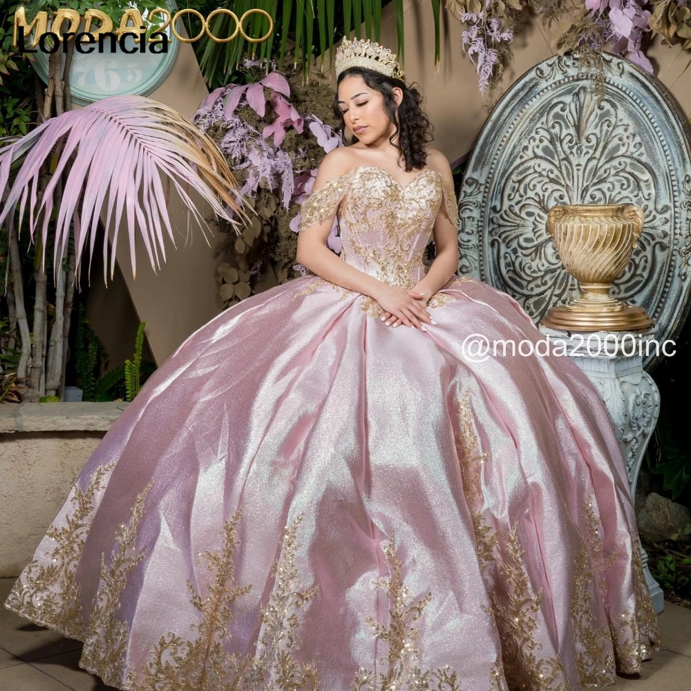 

Customized Elegant Pink Quinceanera Dress Ball Gown Golden Lace Applique Beaded Mexico Corset Sweet 16 Vestidos De 15 Años YD28