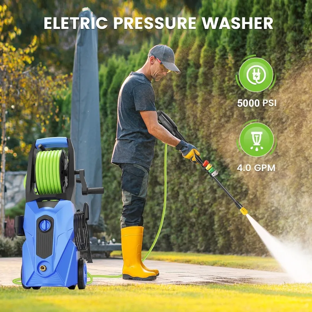 고압 세척기 5000 PSI 2.8 GPM 전기식 파워 워셔 33피트 압력 호스 M22-14mm, 4개의 노즐 및 폼 캔 포함