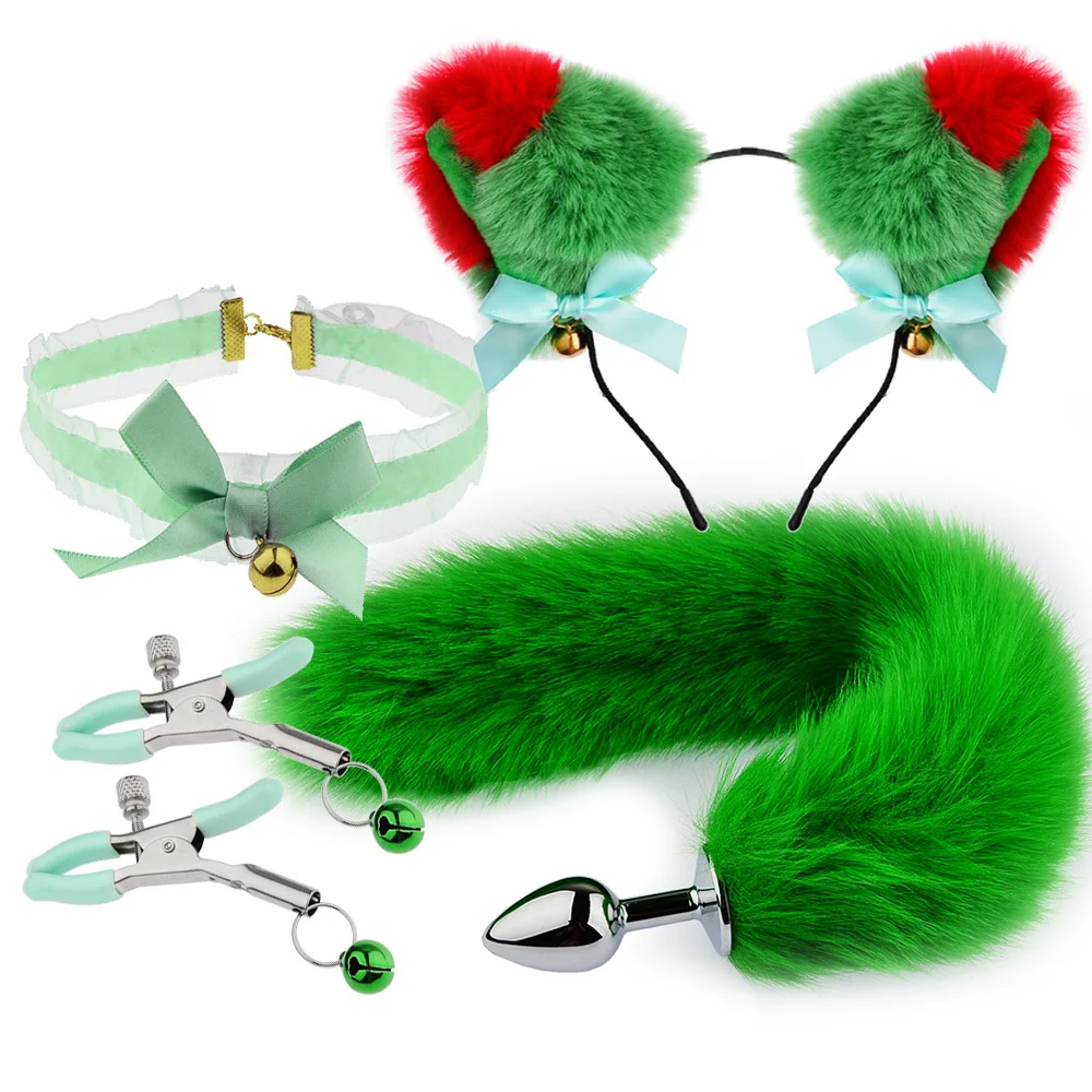 SM Stereo Ear Tail set Fun play role Play Back Court Tail Anal plug toy SM Red Green Christmas
