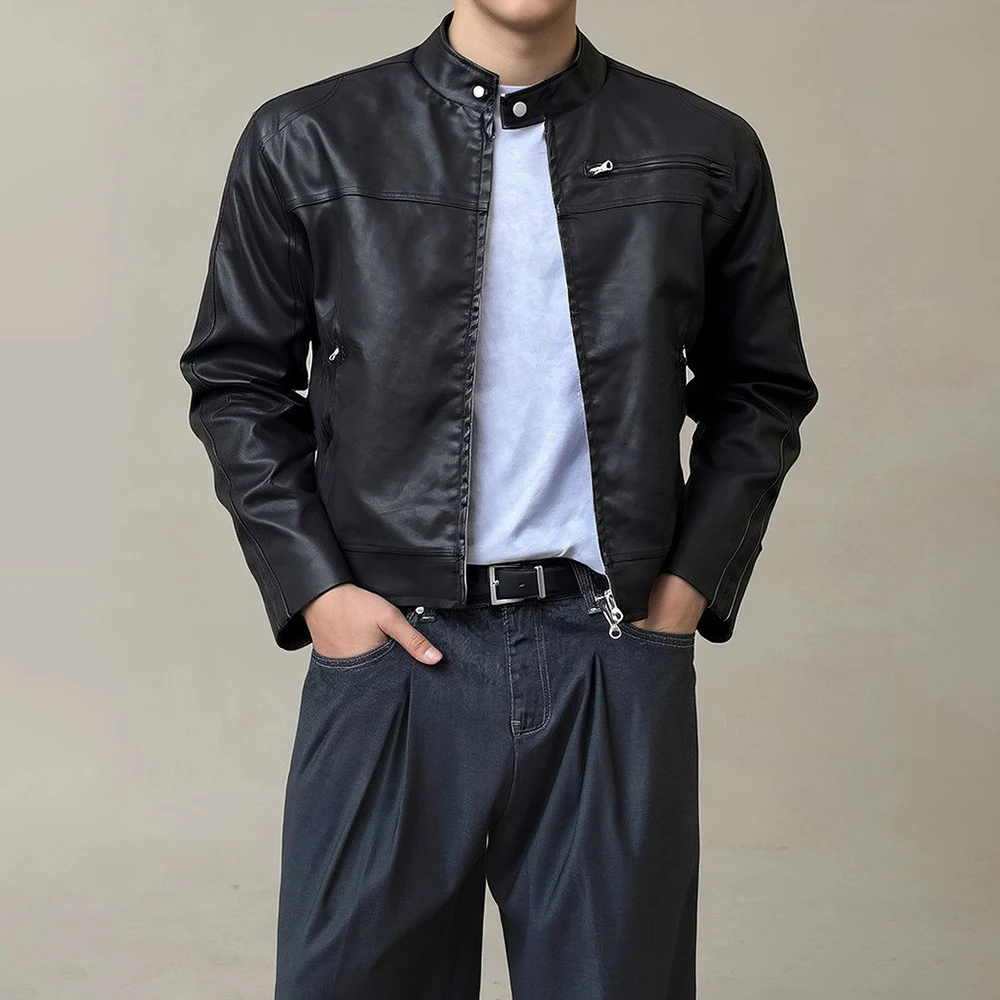 Winter New Men's Solid Color Short Leather Jacket American Retro Fashion Trend High Street Casual Simple Loose Men's Tops