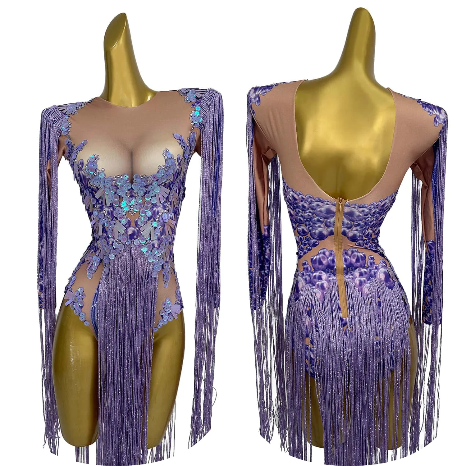 

Women Sexy Long Sleeve Playsuit Purple Sequin Tassels Elastic Jumpsuit Singer Nightclub Stage Performance Clothing Ziguamian