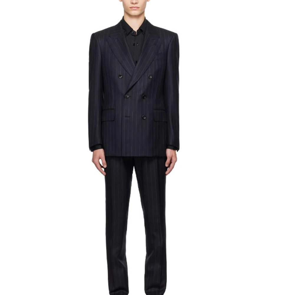 Simple Black Men’s Stripes Double-Breasted Suit 2 Piece Set Loose Peak Lapel Daily Office Party Male Clothing（Jacket Pant）