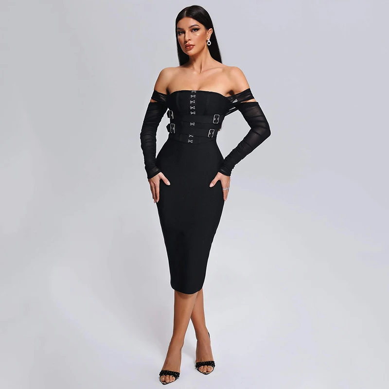 Sexy Off Shoulder Bandage Dress Women Summer 2024 Full Sleeve Lace Mesh Belt Party Club Dresses Elegant Midi Vestidos New BA284