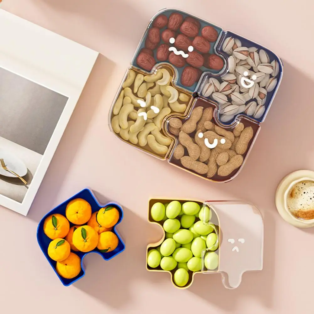 Puzzle-Shaped Modular Snack Tray with Lids Detachable Fruit Nut Candy Organizer Dustproof Stackable Versatile Serving Platter fo