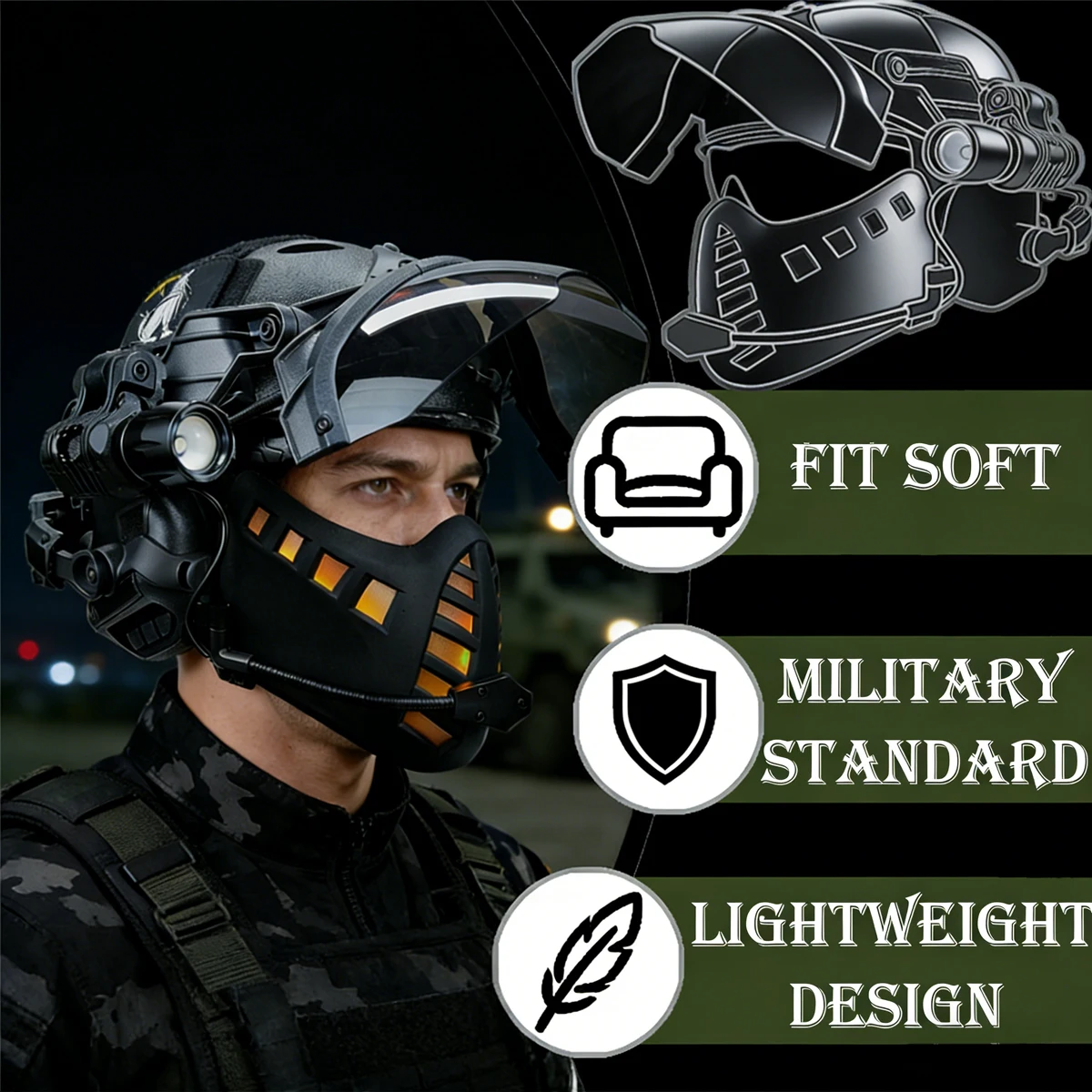 Airsoft Tactical Helmet Set with LED Cyber Punk Face Mask Communication Headset Helmet Flip Goggles Flashlight for Paintball