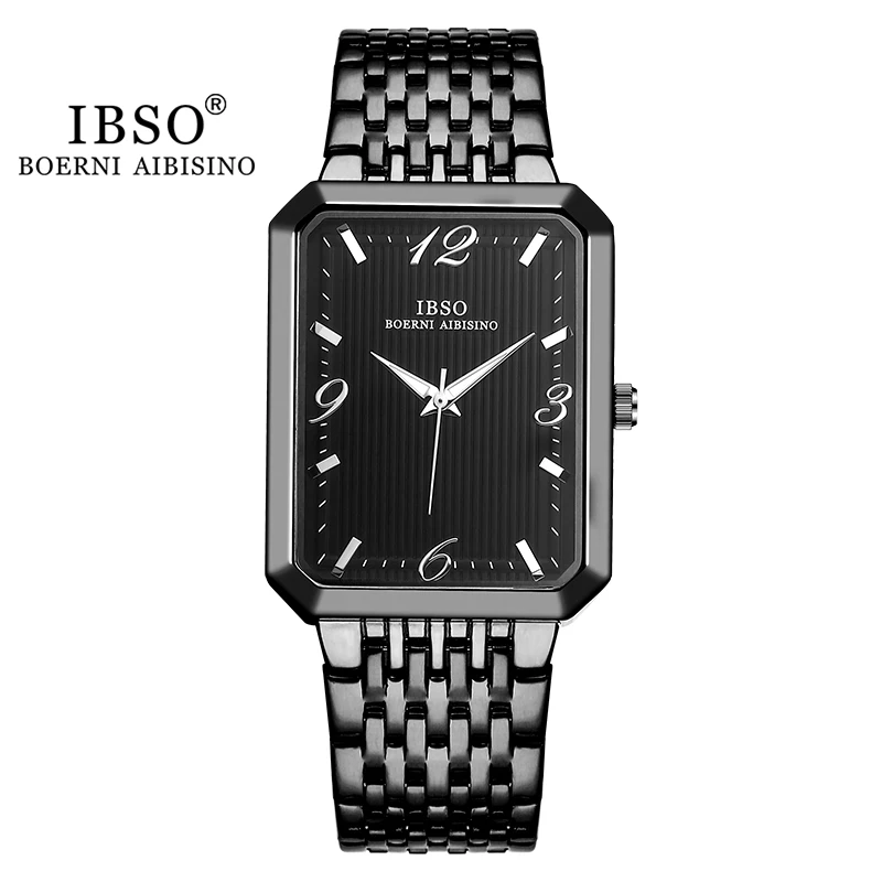 IBSO Ultra-Thin Men Quartz Watch Luxury Style Rectangle Dial Stainless Steel Strap Waterproof 3ATM Wristwatch Relogio Masculino