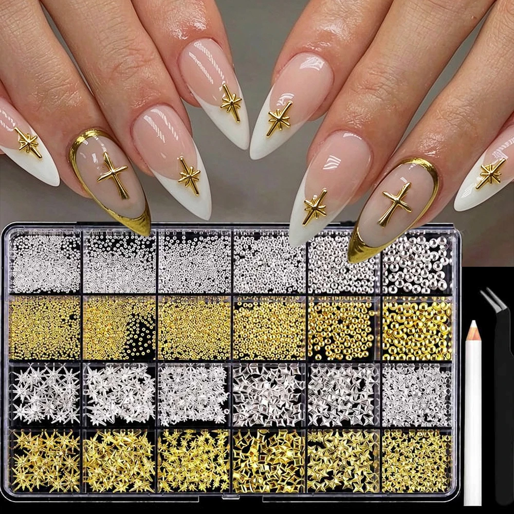 24Grids 3D Metal Rivets Nail Charms Y2k Gold Silver Cross Star Caviar Pearl Alloy Nail Jewelry FlatBack Metallic Tips Slice Stud