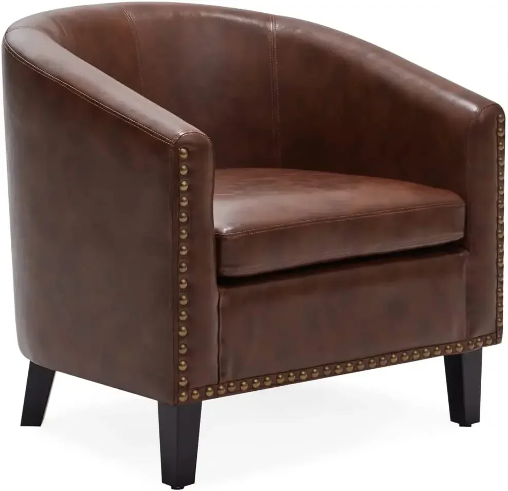 Modern Tub Club Chair Upholstered Armchair for Living Room Faux Leather Chair with Gold Nail Head Trim Black Legs