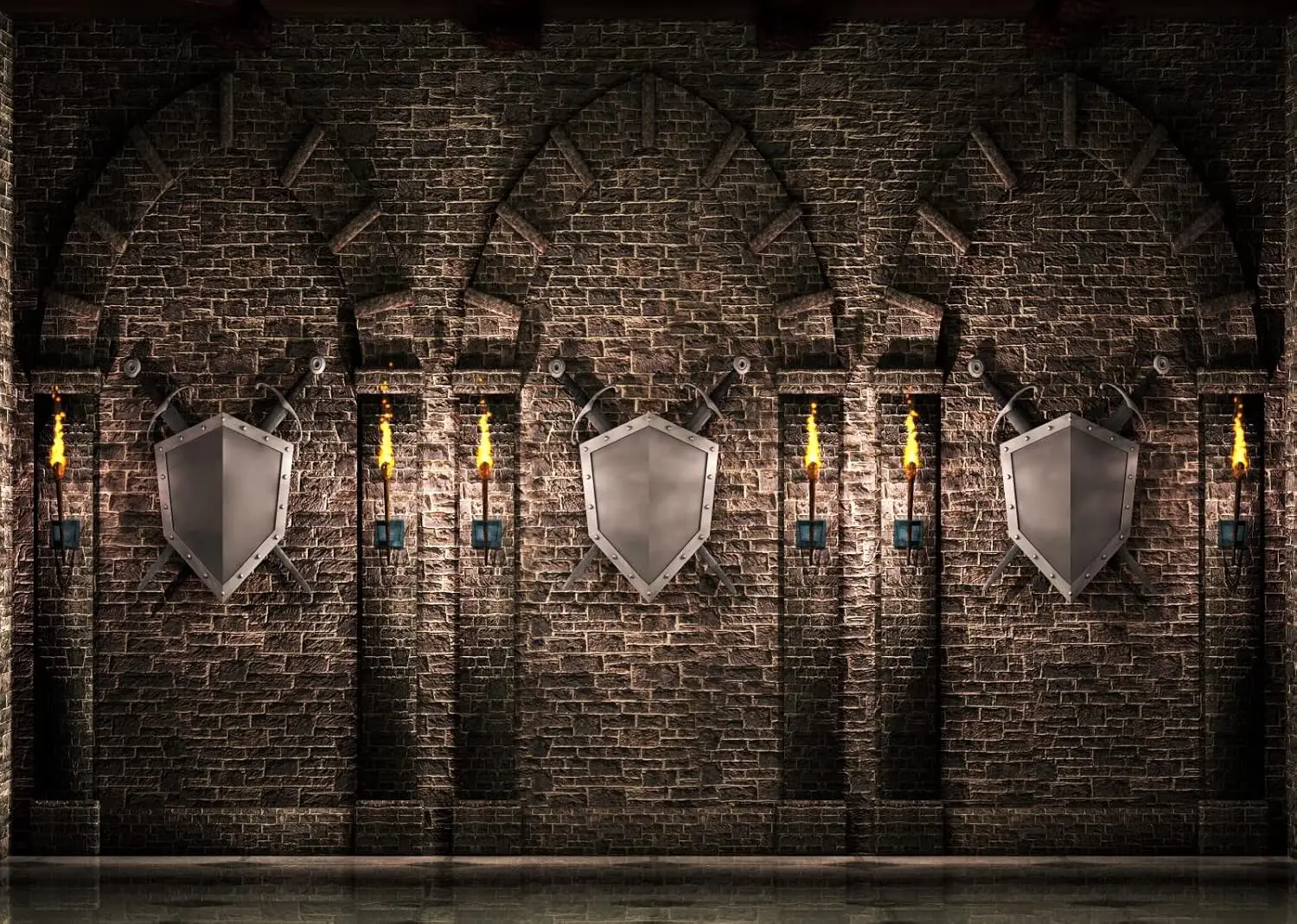 Gothic Castle Medieval Castle Ancient Brick Stone Wall Swords Shield Torch Prison Dungeon photo background photography backdrop