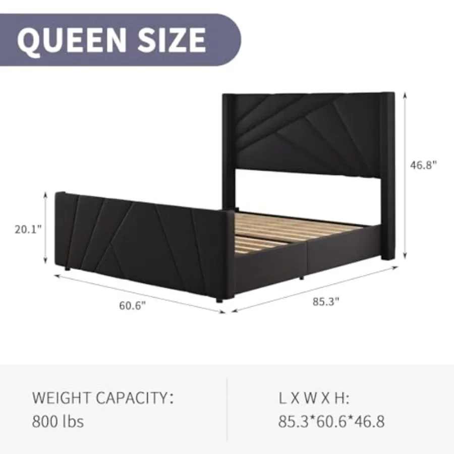 Bed Frame with Geometric Wingback Headboard for bedroom use, metal frame in matte black finish, featuring modern minimalist des