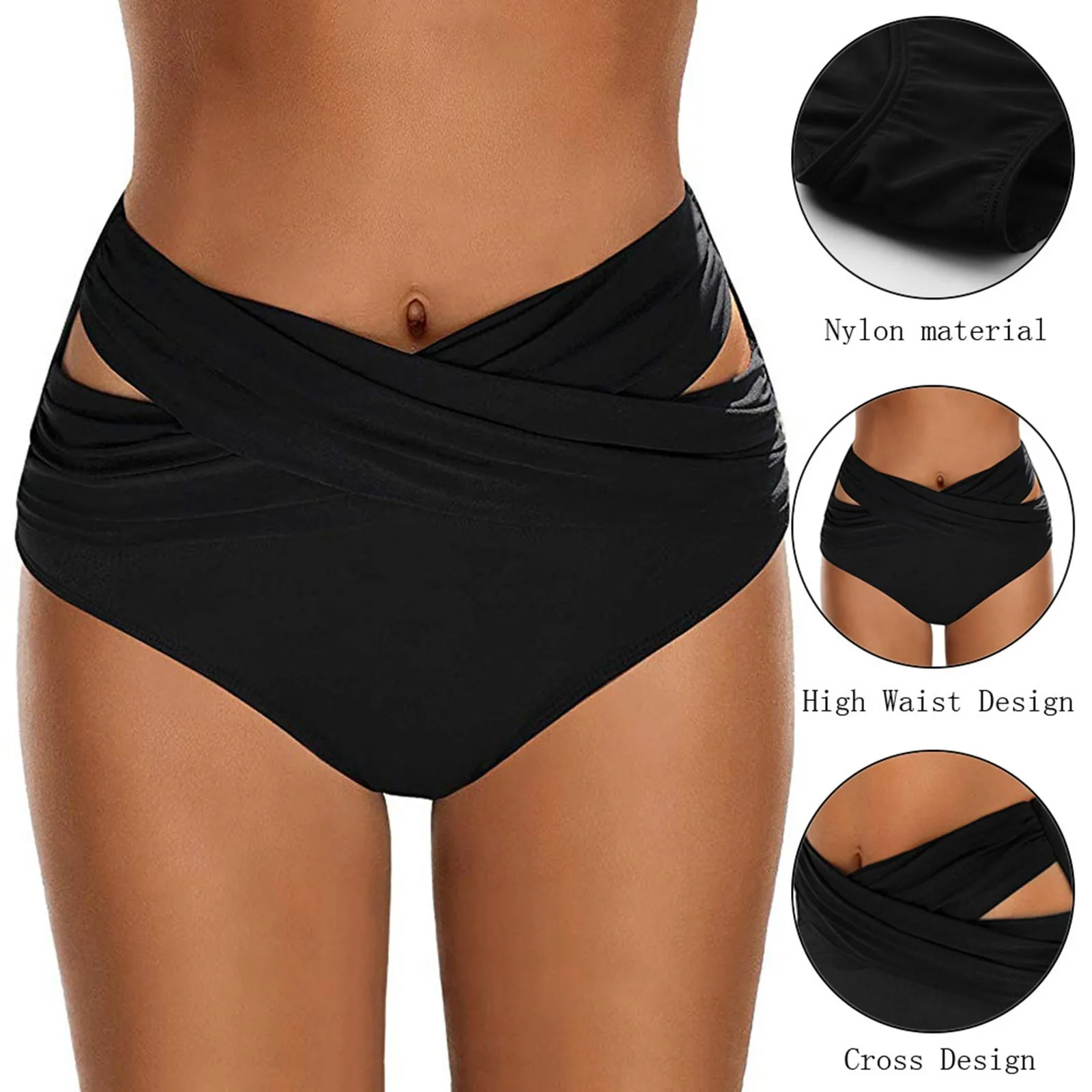 Women\'s Bikini Bottoms High Waisted Ruched Bathing Suit Bottoms Full Coverage Cross bandage Swimsuit Bottoms