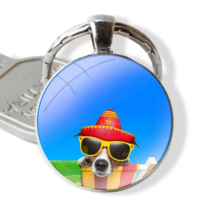 Jack Russell Terrier Dog Keychain Handmade Glass Cabochon Key Ring Holder Pendant Key Chains