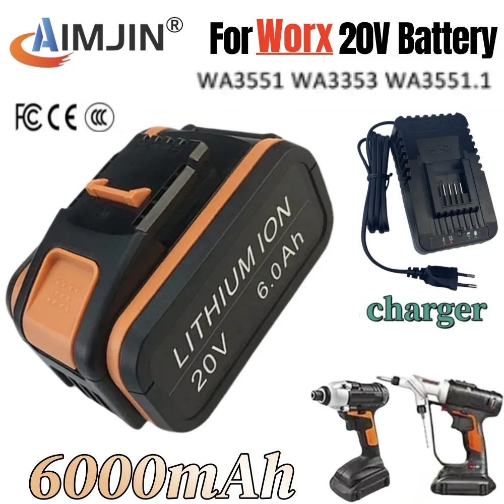 

For Worx 20V 6.0Ah Lithium battery Rechargeable WA3551 WA3553 WA3553.1 WA3570 for All WORX Electric and Garden Tools