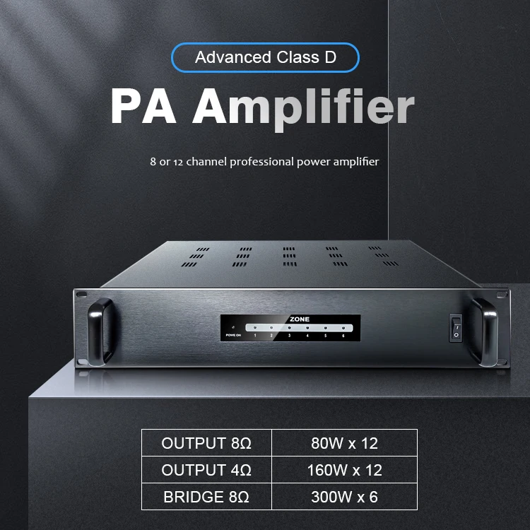 TLF HM-12 80W * 12 12 canais Classe D PA Sistema de endereço público de alta potência 2U Subwoofer Amplificador de áudio profissional