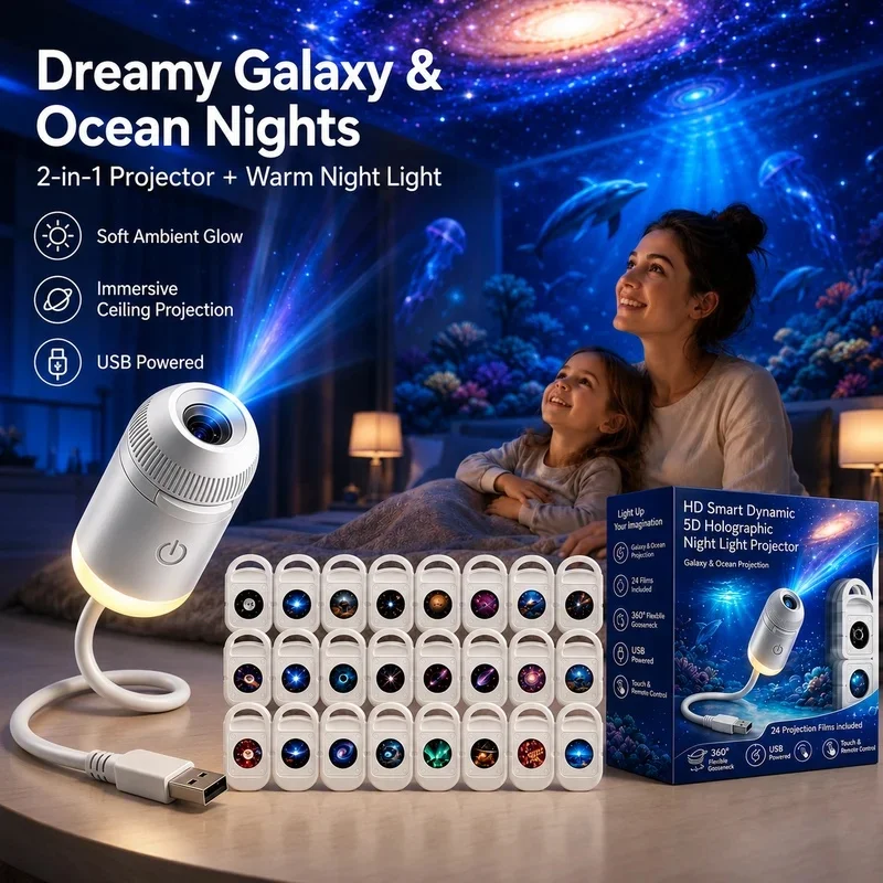 HD Smart Dynamic 5D Holographic Night Light Projector, 2-in-1 Galaxy Star and Ocean Projector with 24 Films for Bedroom Decor