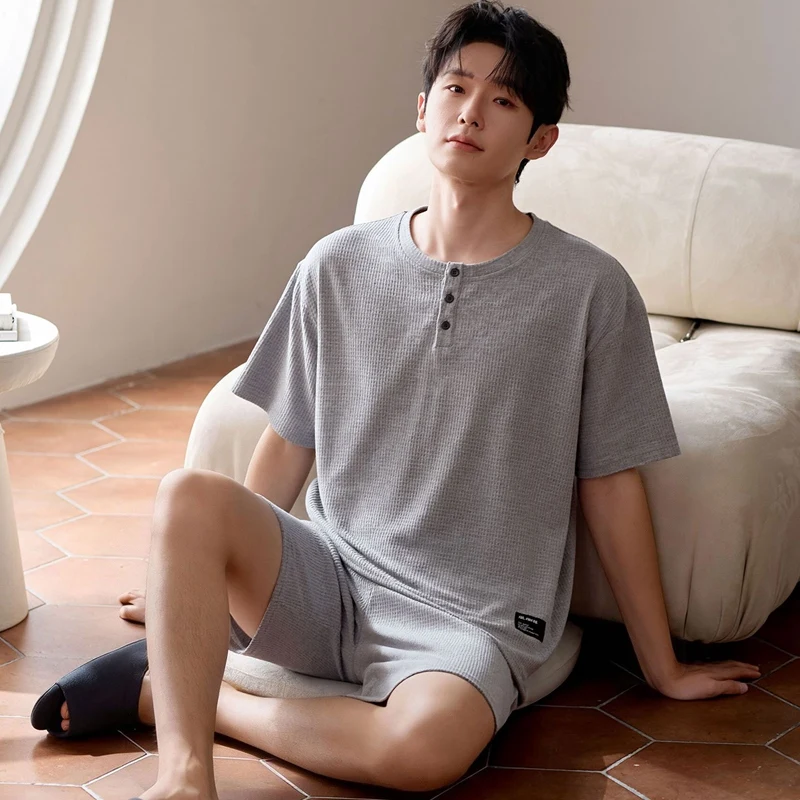 2026 Summer Short Sleeve 100% Cotton Pajama Sets for Men Korean Loose Sleepwear Pijama Hombre Pyjama Homewear Male Home Clothes