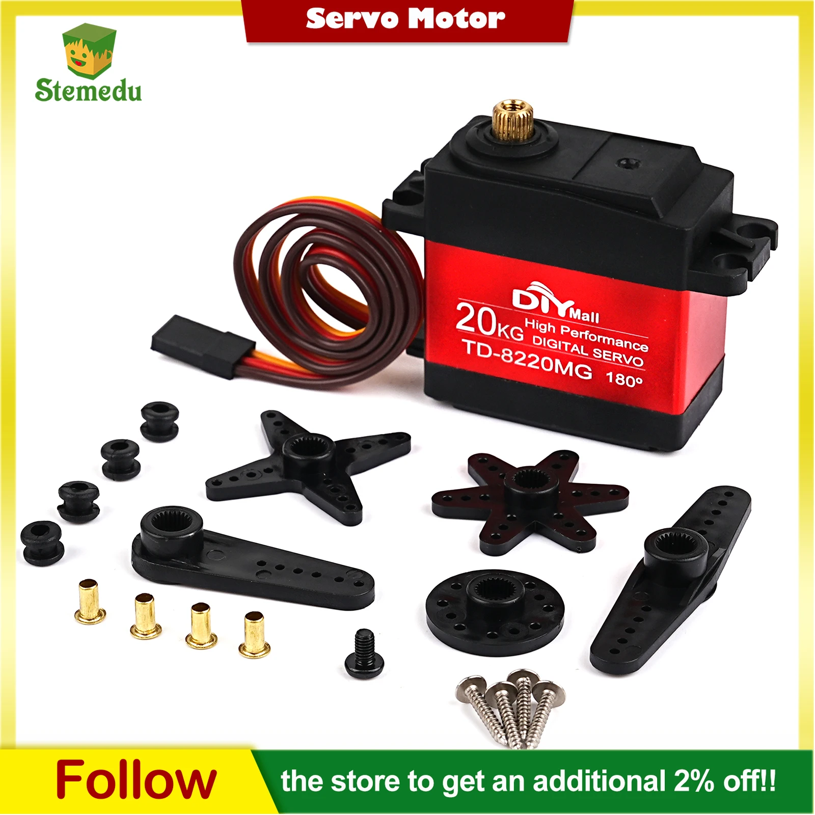 20kg Digital Servo Motor Waterproof High Torque Full Metal Gear RC Servo for 1/8 1/10 RC Car Model DIY, TD-8220MG