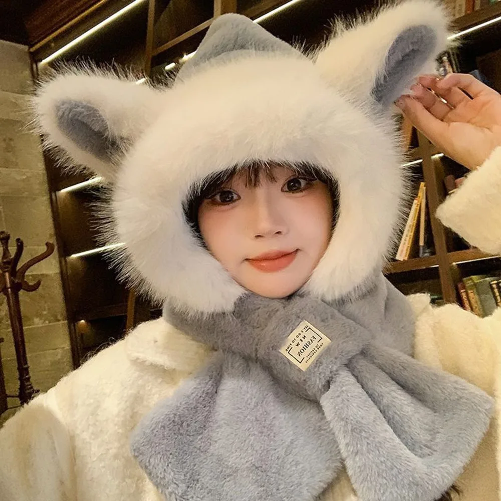 

Fashion Winter Warm Hat Fox Ear Windproof Ear Protection Cap Thickened Keep Warm Integrated Hat Scarf Set Outdoor