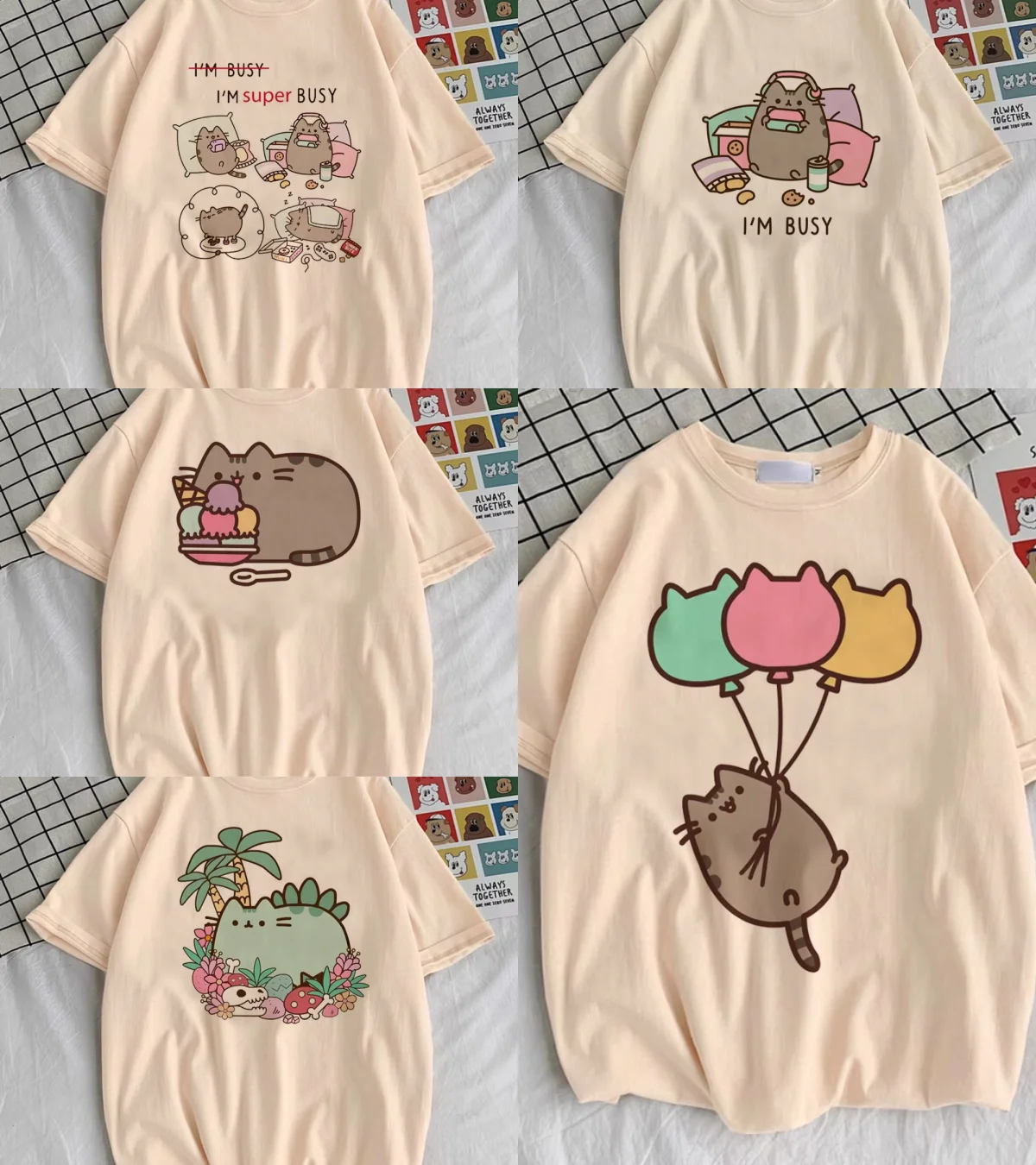 Pusheen Shirt 2026 Partnerlook Geschenk für Freundin Sommer Herren Damen Lässiges Oversize Streetwear Y2k Reine Baumwolle T-Shirt – Detail 3