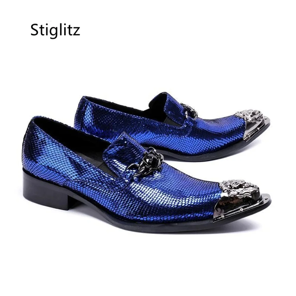 Sapatos masculinos de couro genuíno, sapatos de dedo apontado, mocassins, fivela de metal, vestido casual, azul