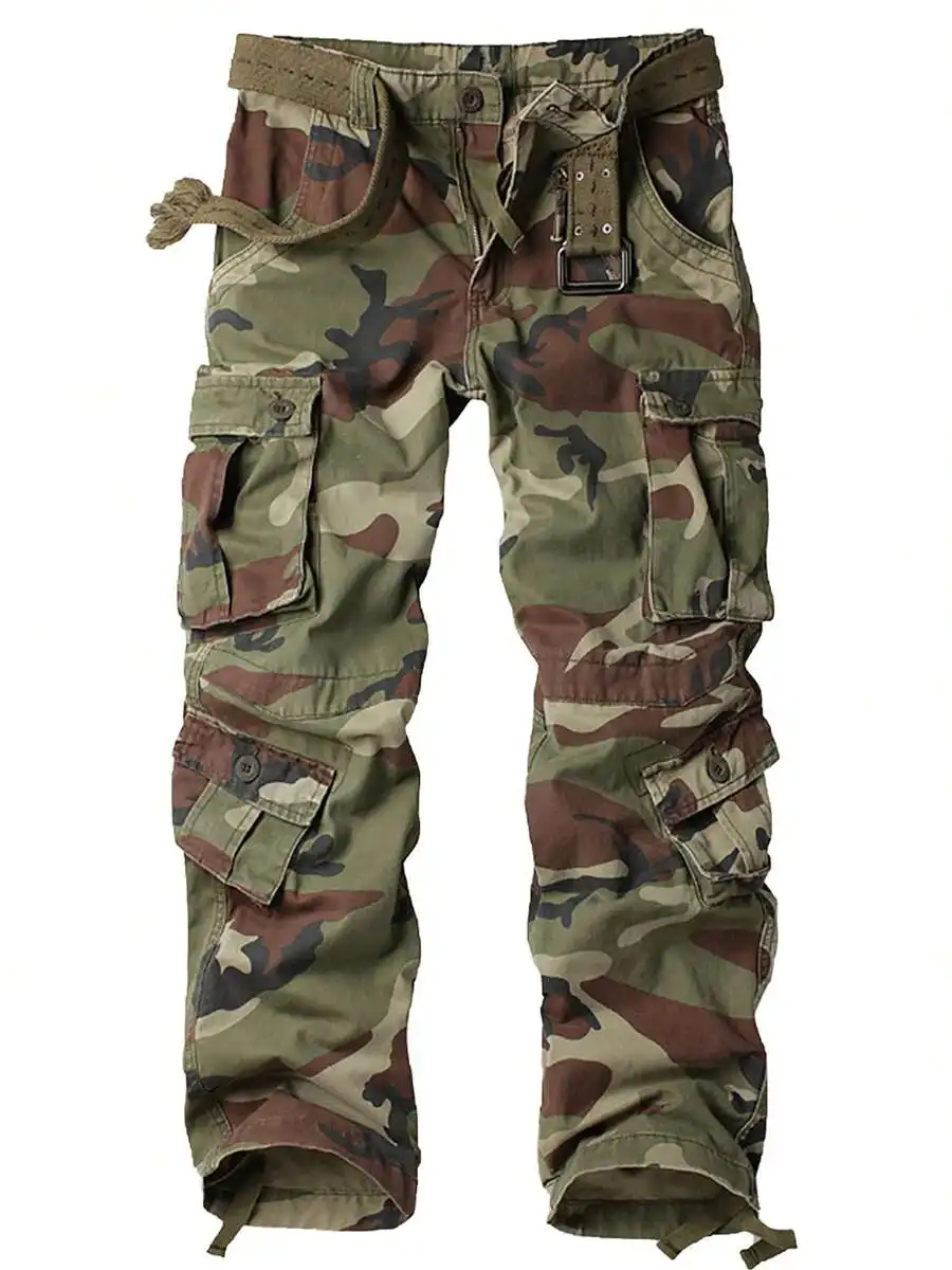 Mens Camo Cargo Pants Cotton Casual Work Hiking Pants With 8 Pockets
