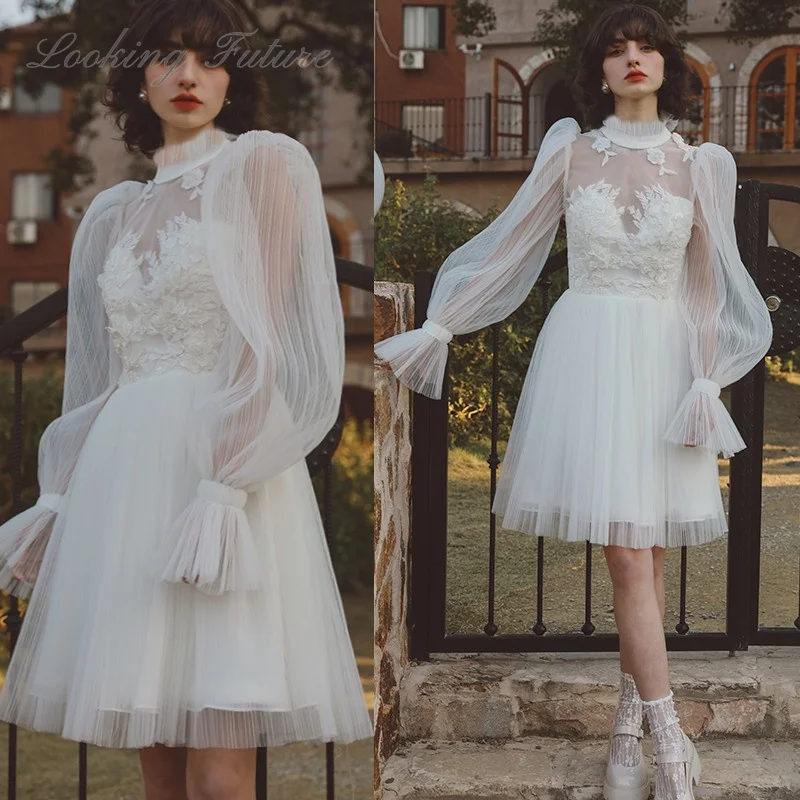 White Short Lace Wedding Dress for Women Bride A Line Wedding Gown 2024 Illusion Long Flare And Puff Sleeve Sweetie Bridal Dress