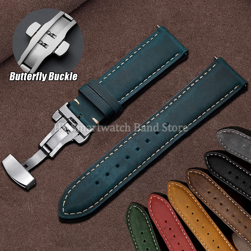 Bracelet de montre en cuir de vache véritable, pour Omega, pour Seiko, 14/16/18/20/22/24mm, boucle papillon, sangles marron cousues