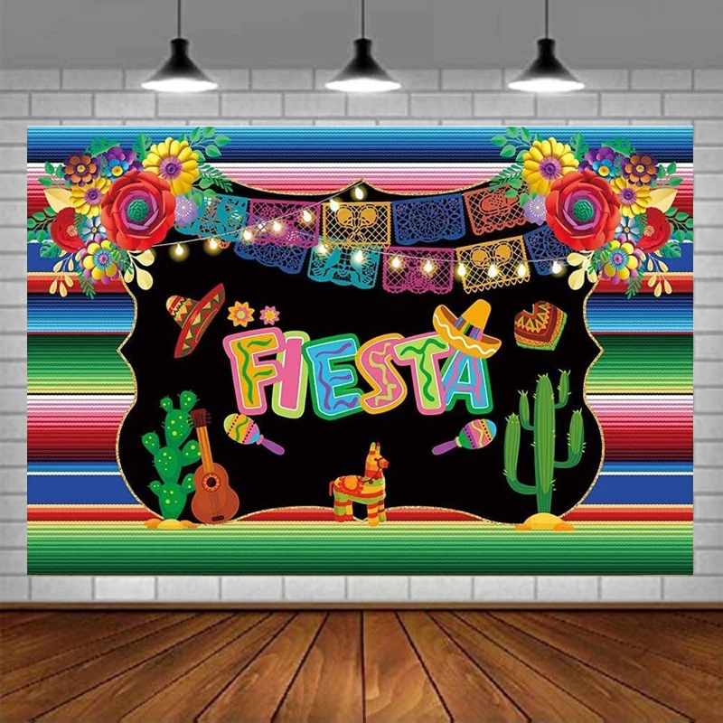 Photography Backdrop Mexican Fiesta Cinco De Mayo Theme Backgrounds Summer Colorful Flags Paper Flowers Banner Celebration Decor