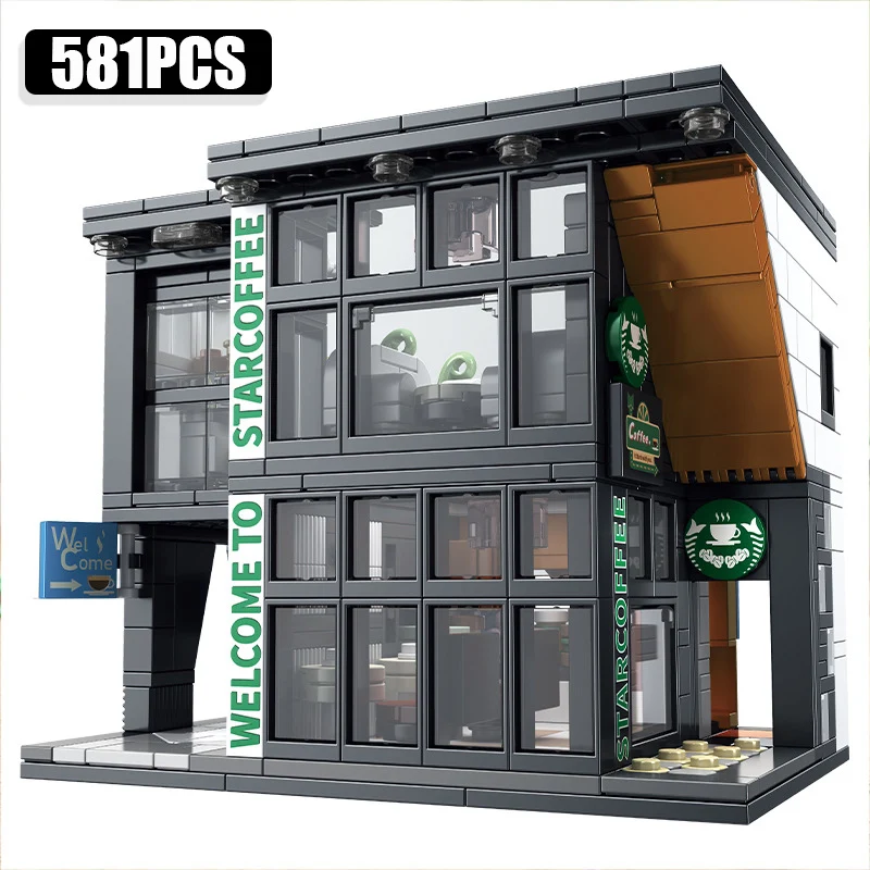 City 581Pcs Star Coffee House With Lights Building Blocks Street View Architecture Cafe Shop MOC Bricks Toys Kids Christmas Gift