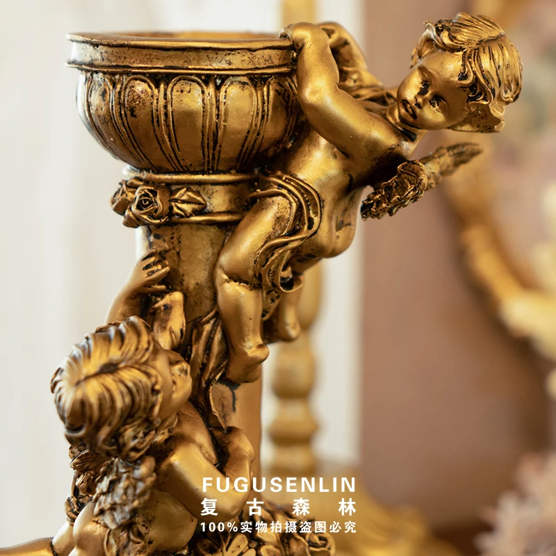 Retro Forest European-style Golden Angel Roman Column Candlestick Sculpture Resin Ornaments for Home
