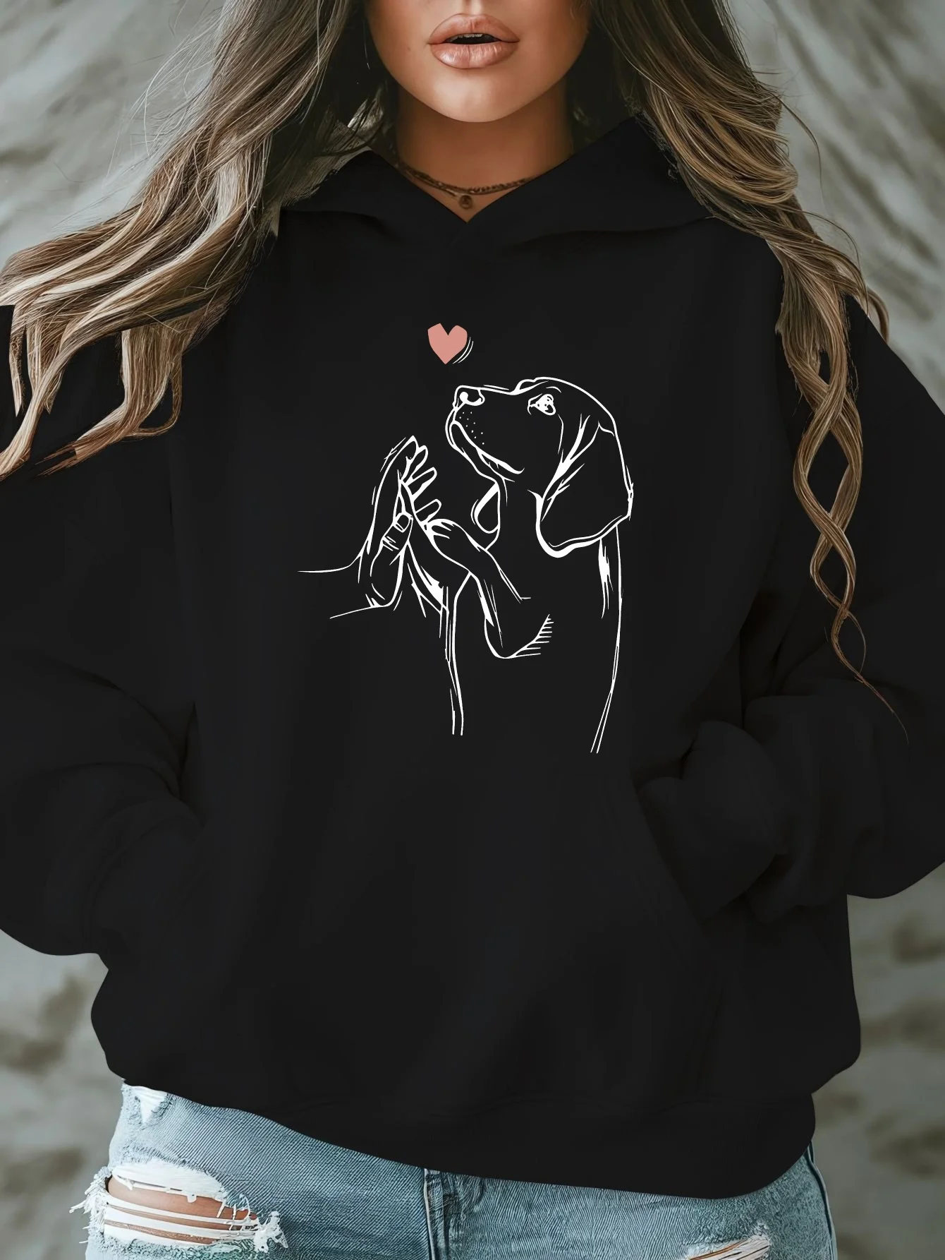 

Dog & Heart Graphic Print Hoodie Men's and Women's Long Sleeve Sweatshirt Pullover Y2k Tops Fashion Autumn Winter Clothing