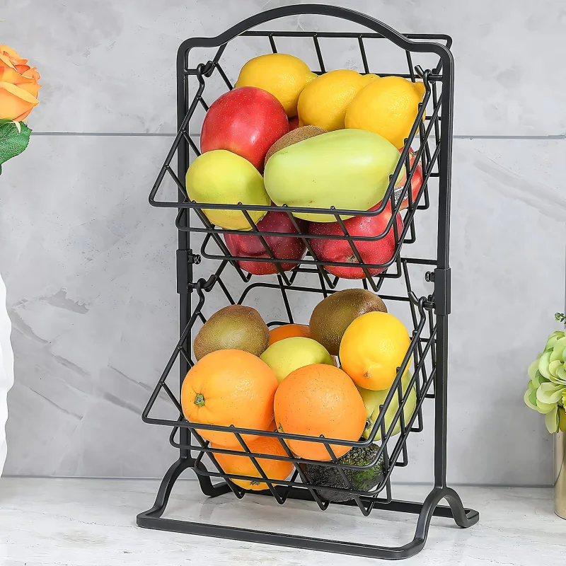 

2-Tier Iron Fruit Basket Bowl for Kitchen Counter, Bread Fruit Vegetable Holder, Wire Hanging Basket Stand, Matte Black