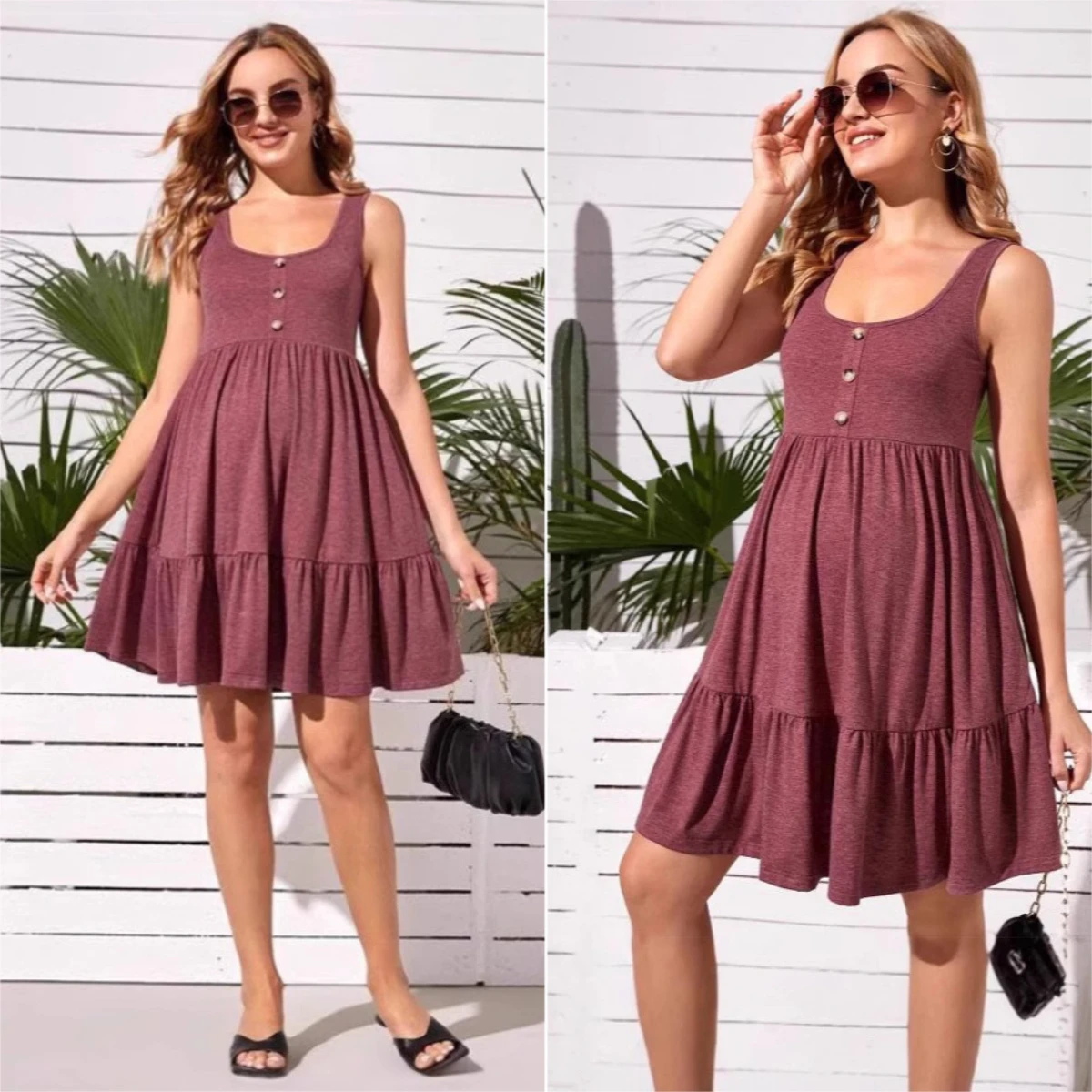 

Maternity Dresses Photoshoot Summer Solid Color Vest Knee-length Skirt Ruffle Edge Button Front Placket A Word Maternity Dresses